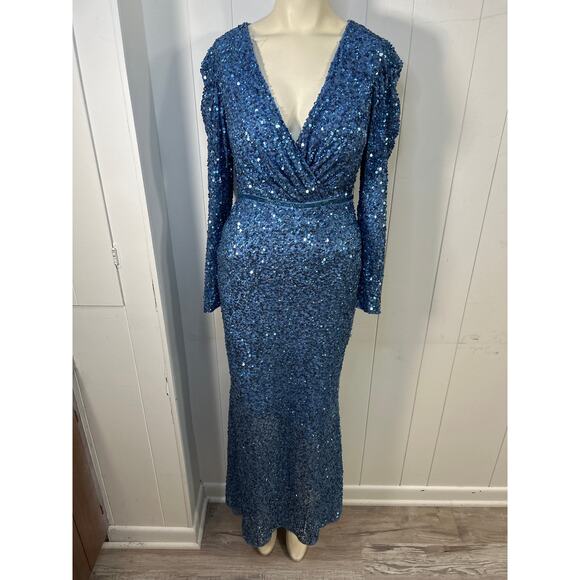 Mac Duggal Puff Shoulder Long Sleeve Sequined Surplice Gown In French Blue Sz 6 - Picture 4 of 11